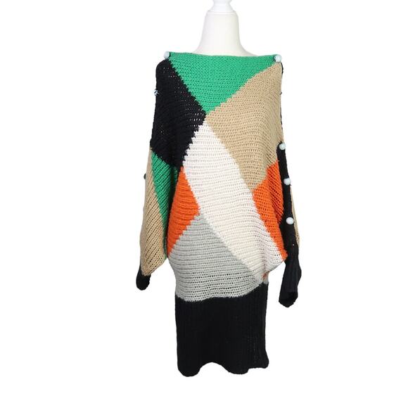 Vintage Sweaters - Vintage Y2K green orange colorblock slouchy knit sweater S